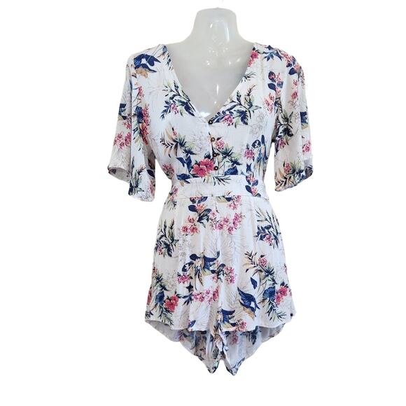 American Eagle Floral V-Neck Kimono Sleeves Tie Waist Open Back Romper Size 4 - Picture 1 of 10